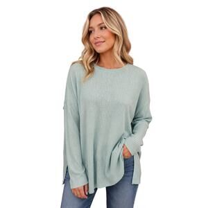 Eileen fisher organic linen blue slub sz slit sweater knit career casual sz M
